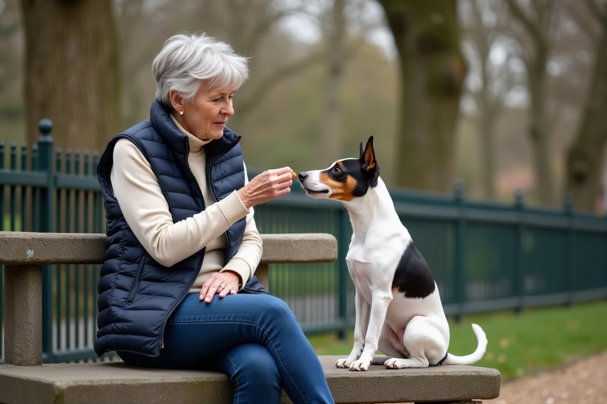 Fox Terrier à poil court récompensé avec une friandise sur un banc de parc après un rappel réussi lors d'une promenade urbaine