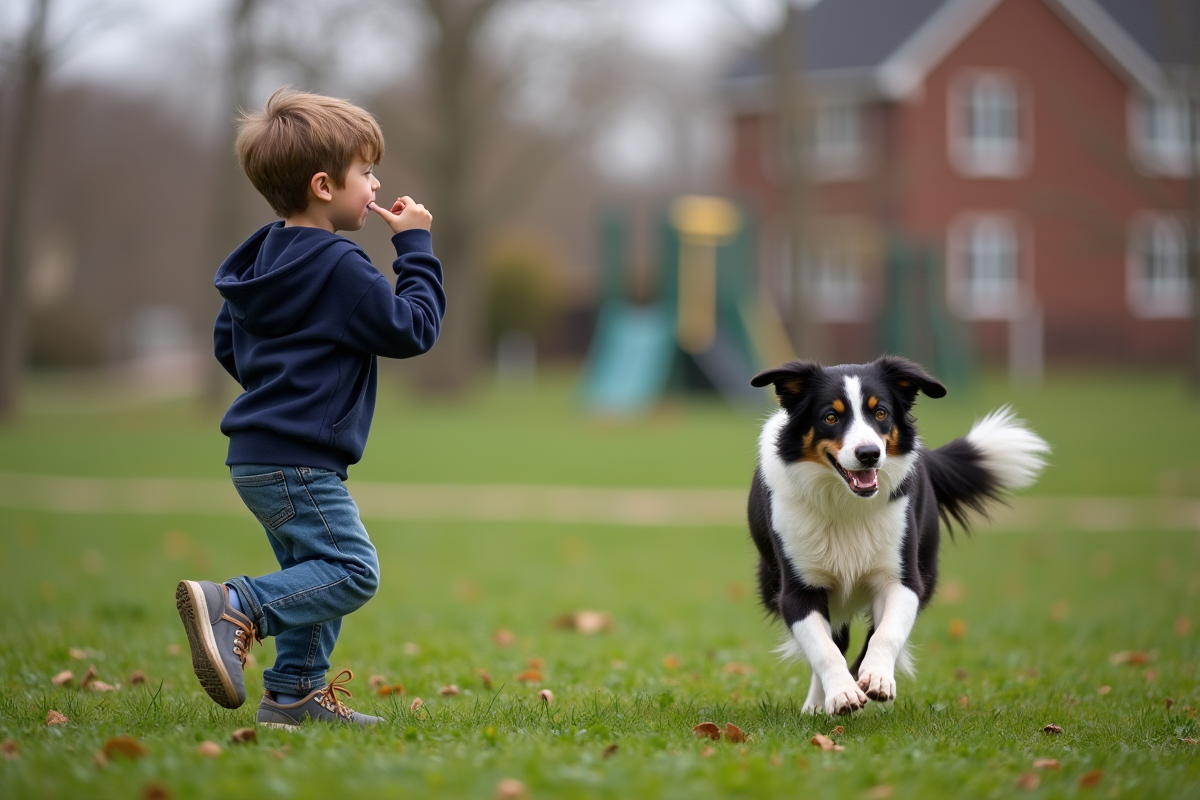Garçon avec chien dans un parc suburbain