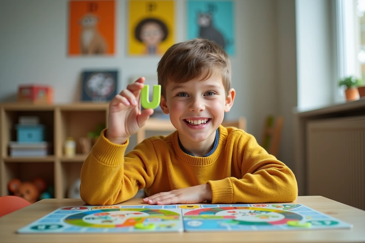 Jeune gar&ccedil;on souriant tenant une pi&egrave;ce de jeu animal