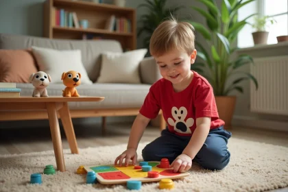 Gar&ccedil;on souriant jouant avec un jeu &eacute;ducatif pour enfants