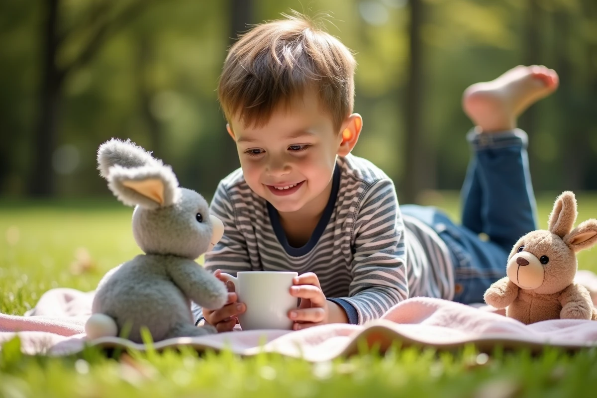 Gar&ccedil;on jouant dans un parc ensoleille avec ses peluches