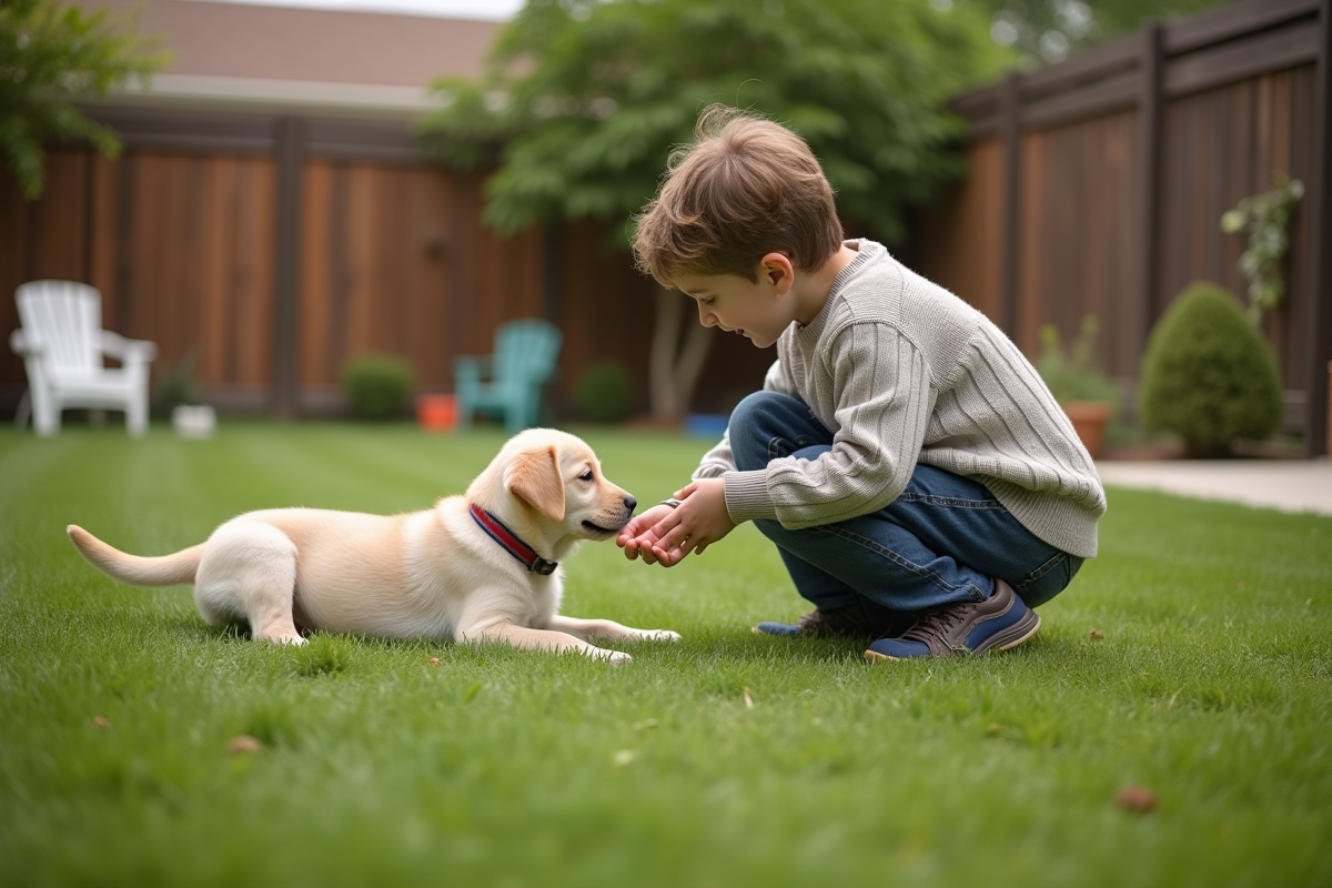 Garçon de 10 ans jouant avec chien dans le jardin