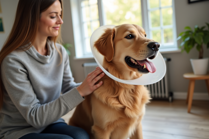 Golden retriever avec collier de protection dans un salon lumineux