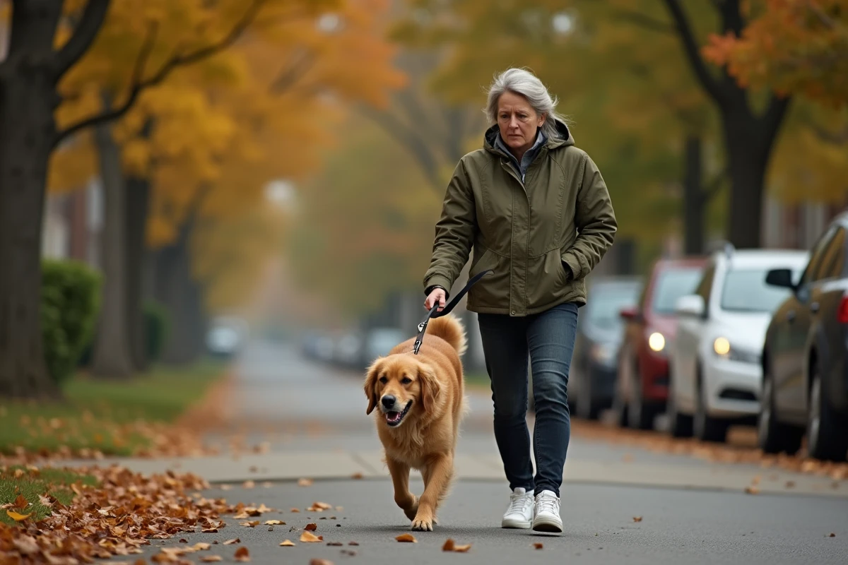 Golden retriever qui tire fort sur sa laisse tenu par une femme en veste verte sur un trottoir en automne