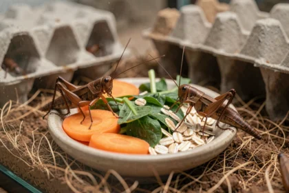 Grillons en captivité mangeant des légumes frais dans un terrarium en verre avec substrat de fibre de coco