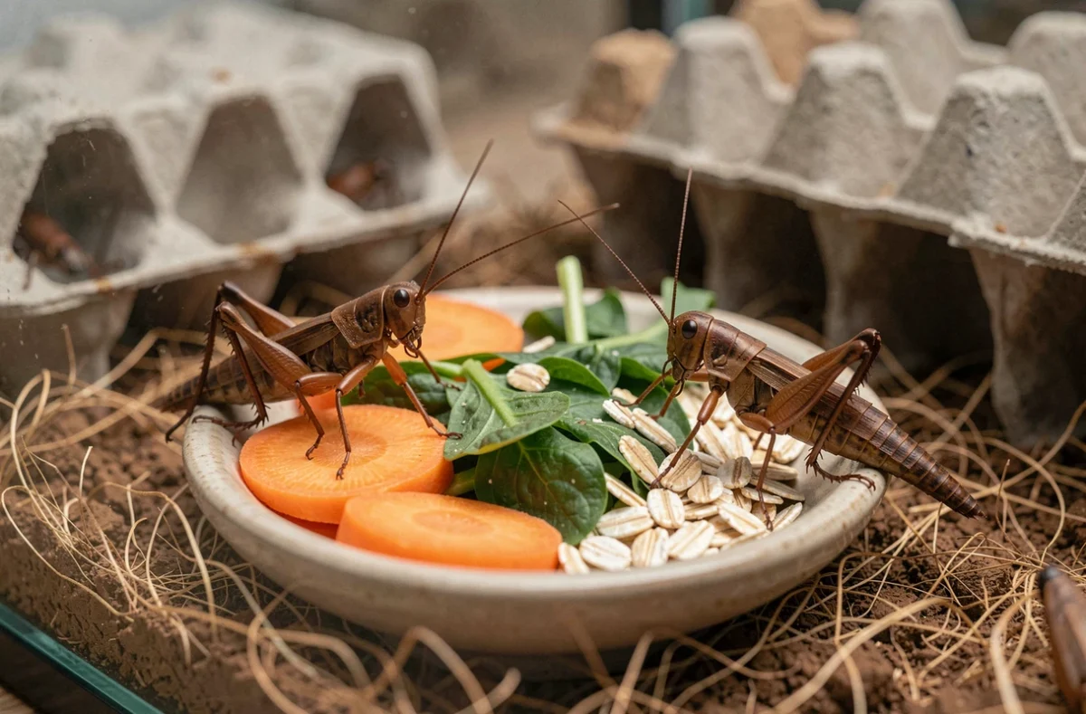 Grillons en captivité mangeant des légumes frais dans un terrarium en verre avec substrat de fibre de coco