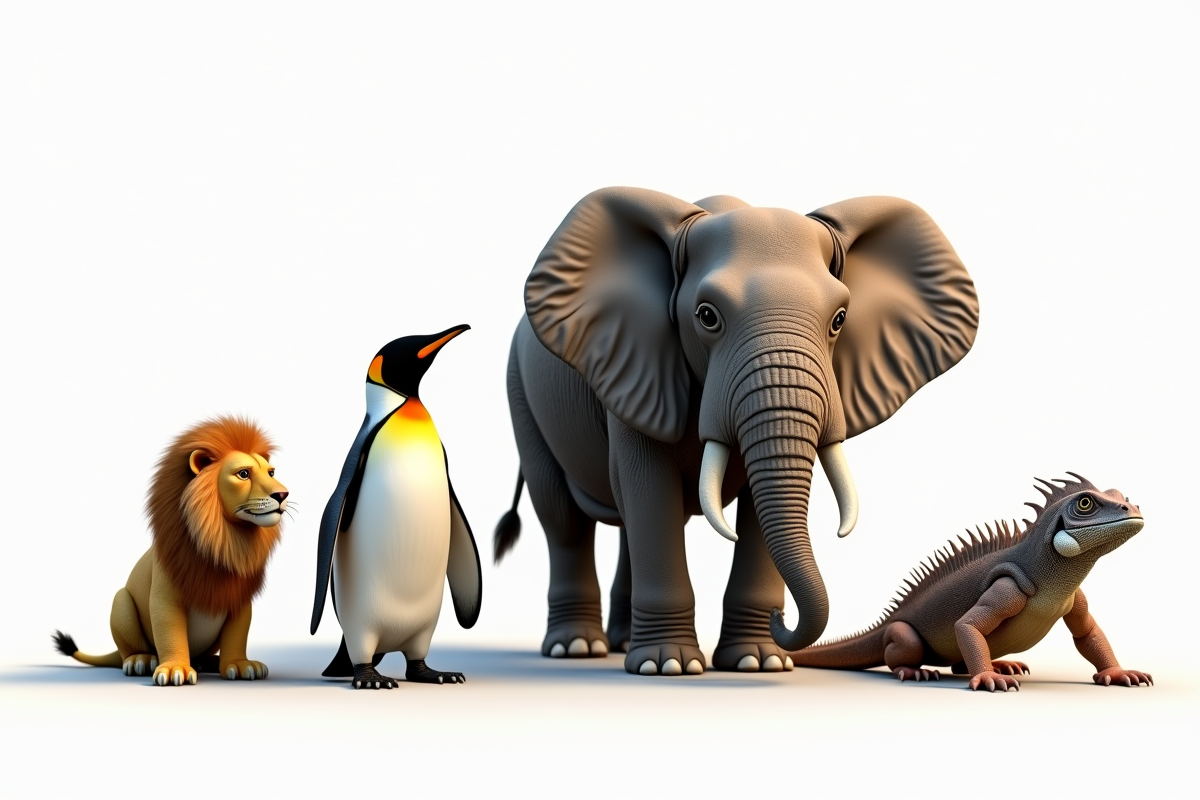 Groupe d'animaux divers dont lion et pingouin en studio