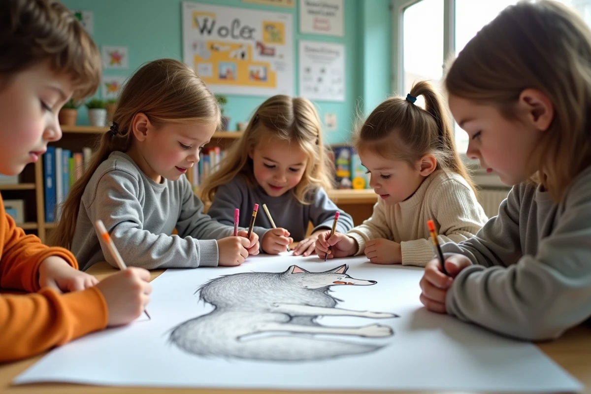 Enfants de primaire collaborant sur un dessin de loup