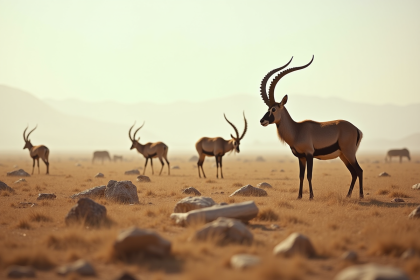 Groupe d'ibex dans un paysage avec débris humains