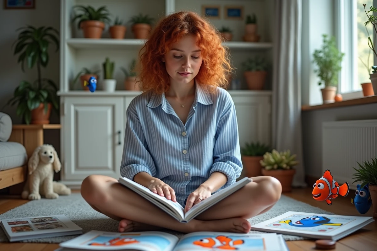 Jeune femme lisant un guide illustré des personnages du Monde de Nemo entourée de figurines et de livres de collection Pixar