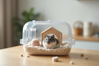 Hamster russe dans son habitat complet avec accessoires et litière, illustrant le coût de l'équipement de départ