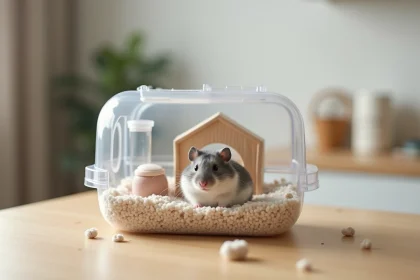 Hamster russe dans son habitat complet avec accessoires et litière, illustrant le coût de l'équipement de départ