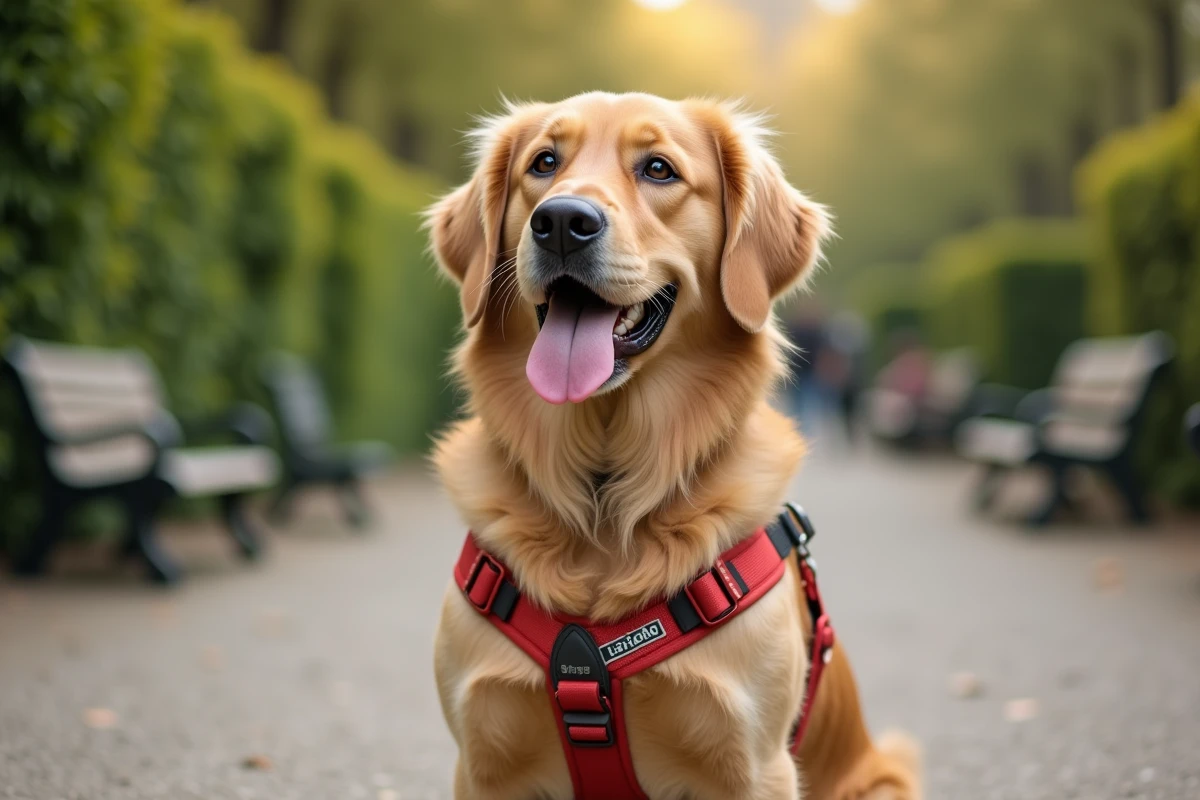 Gros plan sur un harnais anti-traction porté par un golden retriever calme assis dans un parc