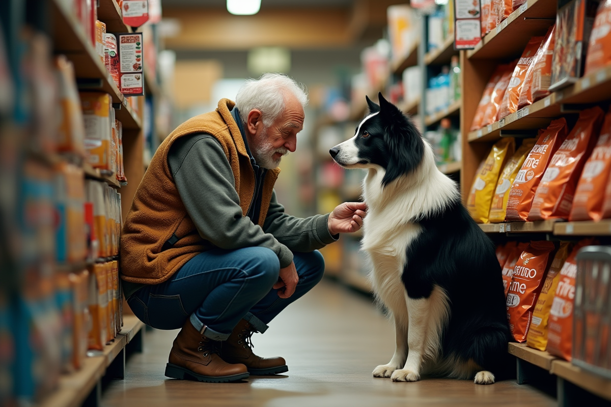 Homme âgé compare prix de nourriture pour chien en magasin