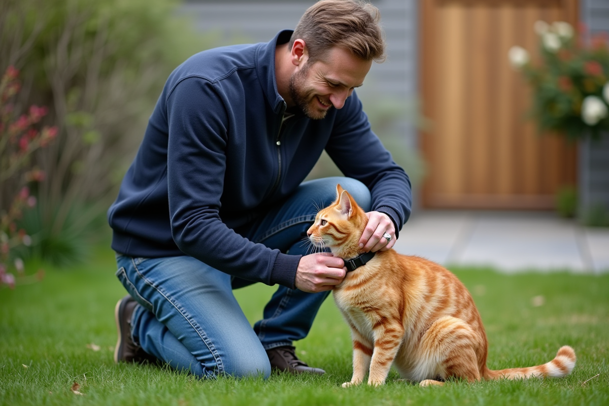 Homme en extérieur attachant un collier à un chat