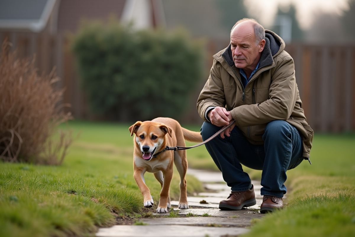 Homme en extérieur avec son chien dans le jardin