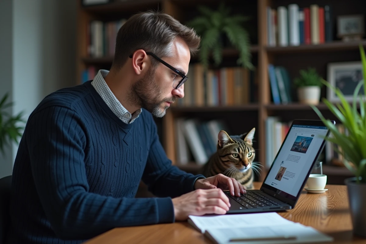 Homme travaillant sur un ordinateur portable dans un bureau à domicile avec son chat tigré assis à côté du clavier consultant un site d'informations sur les animaux