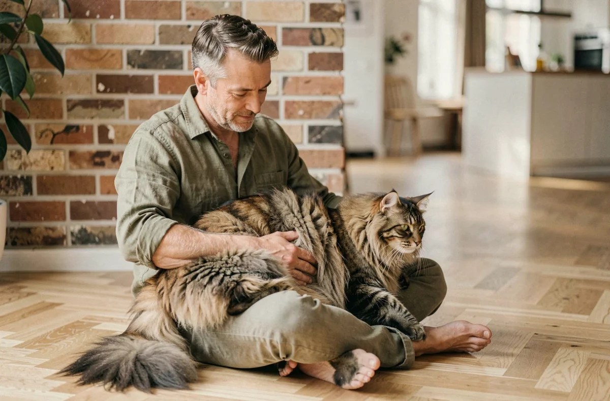 Homme assis sur un parquet en bois avec un grand chat de forêt norvégienne aux poils longs étalé sur ses genoux