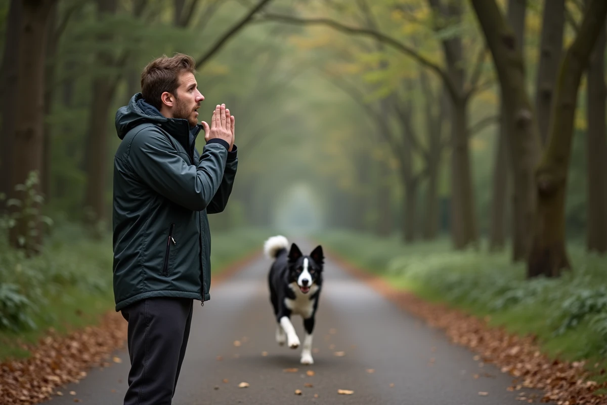 Jeune homme avec son chien border collie en forêt