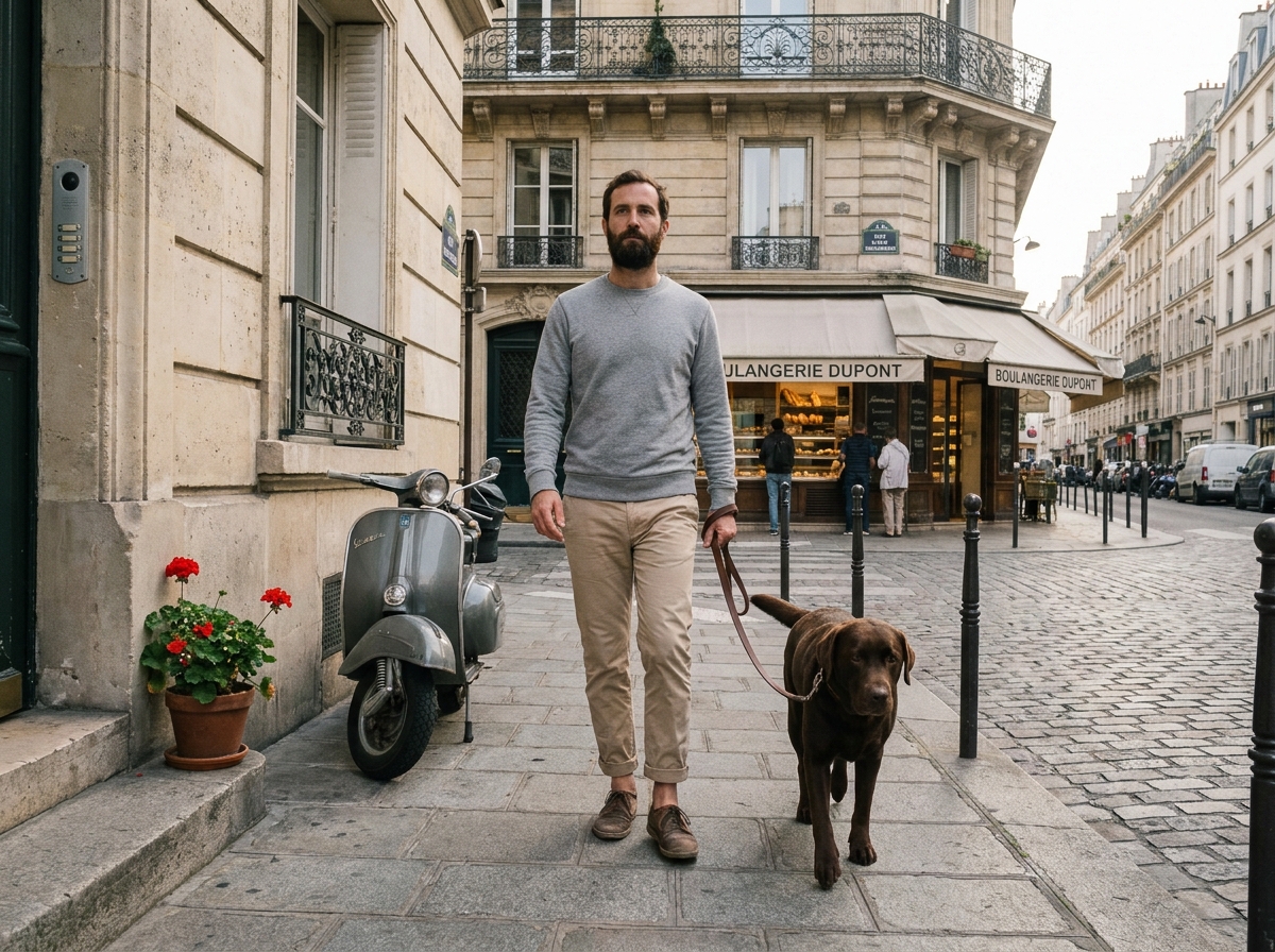Homme promenant son chien dans une rue du 11e arrondissement de Paris
