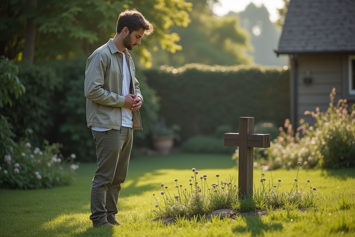 Jeune homme devant une tombe dans un jardin verdoyant