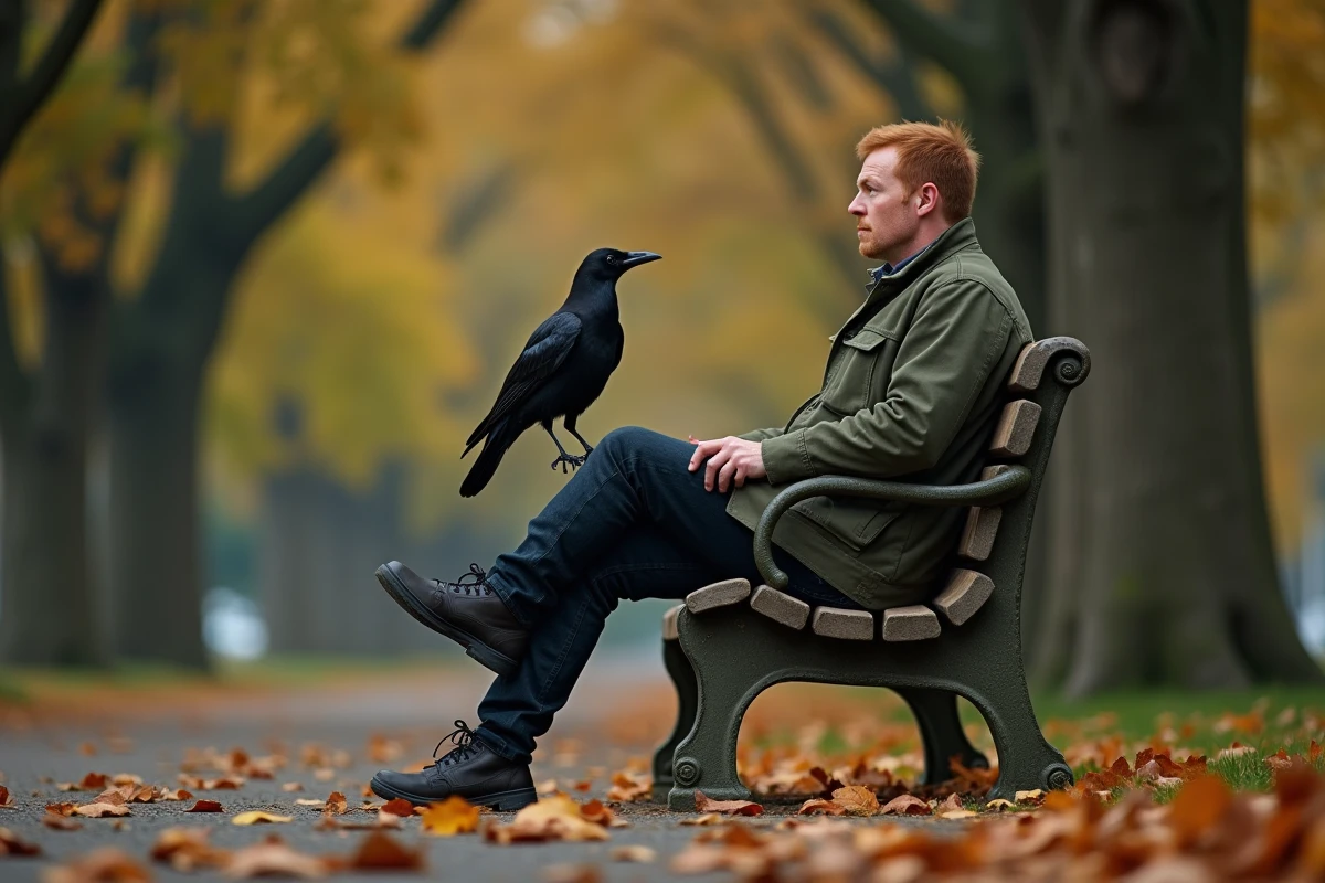 Homme assis sur un banc de parc en automne avec un corbeau perché derrière lui, illustrant la symbolique des oiseaux dans la nature urbaine