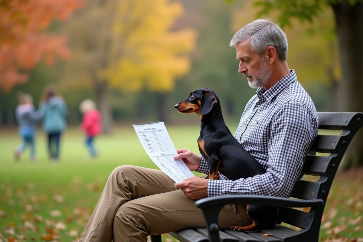 Homme avec chien dachshund dans un parc en automne