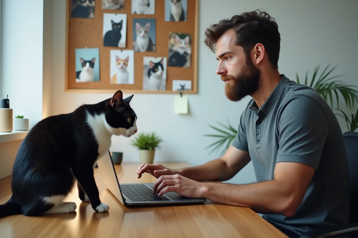 Homme barbu éditant des photos de chat sur un ordinateur portable dans un bureau à domicile