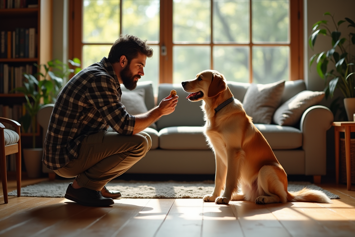 Homme avec chien en intérieur salon chaleureux