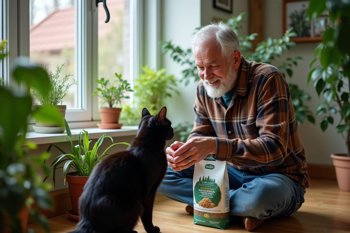 Homme âgé donnant à manger à son chat dans une véranda lumineuse