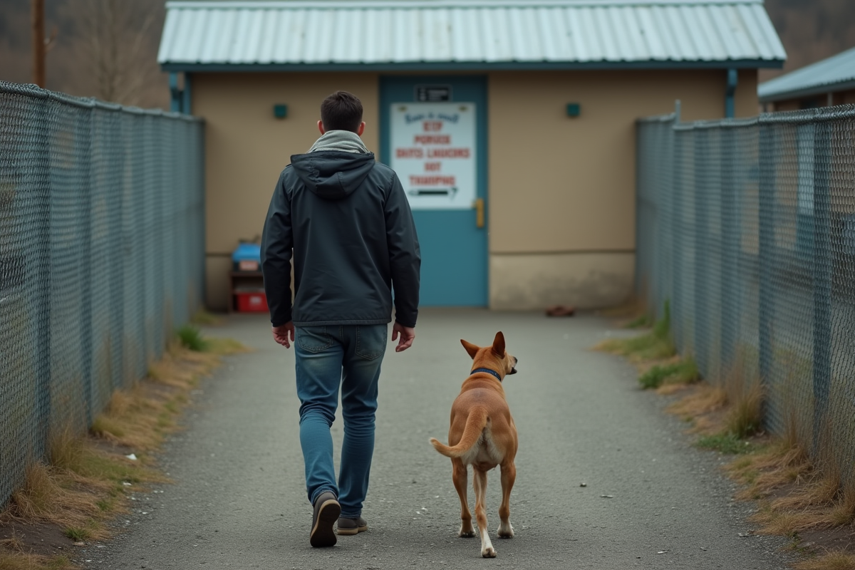 Homme quittant l enclos avec son chien au refuge animalier