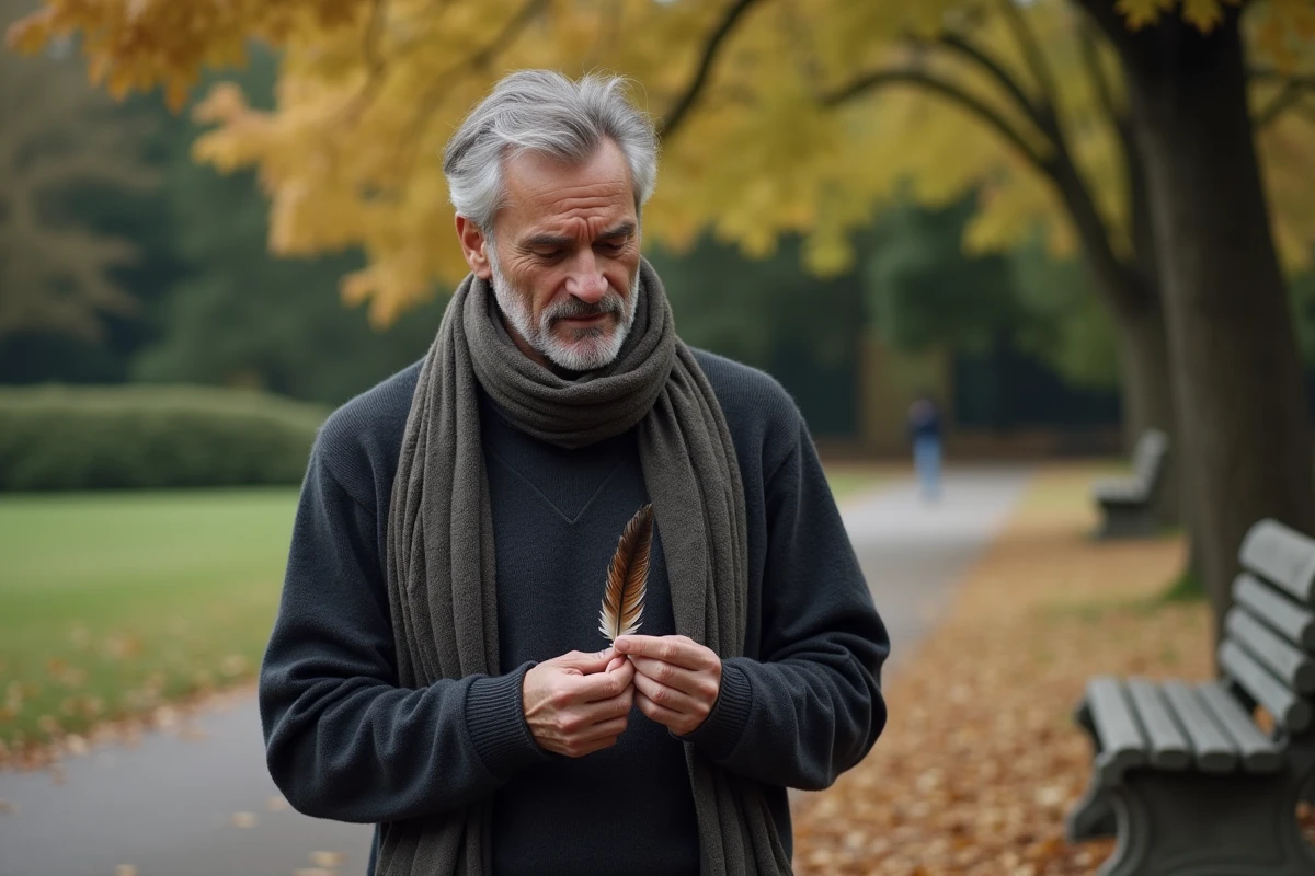 Homme examinant une plume de faucon dans un parc naturel