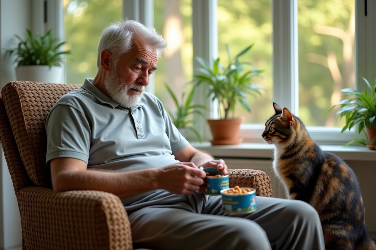 Homme âgé lit attentivement l’étiquette de la nourriture pour son chat