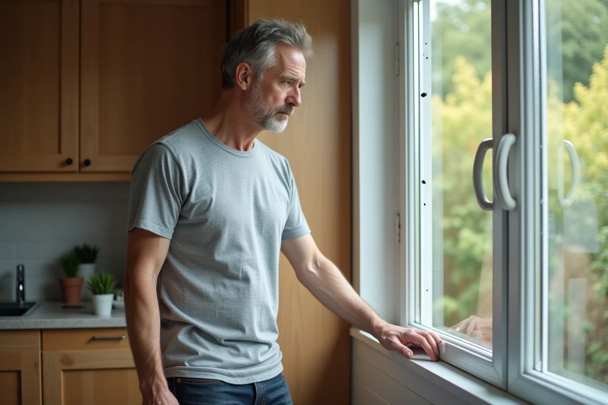 Homme inspectant des insectes noirs sur le cadre d'une fenêtre dans une cuisine moderne