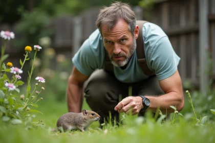 Homme curieux dans un jardin observant une musaraigne