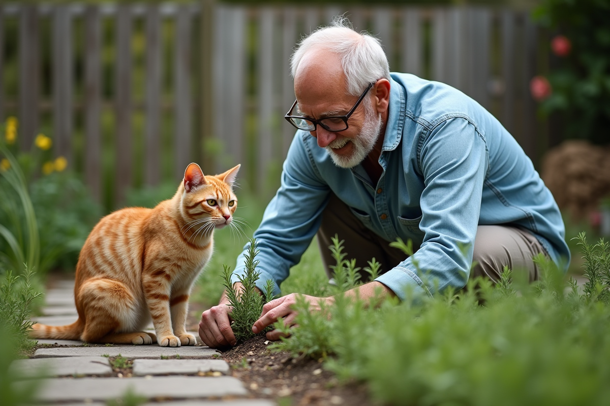 Homme jardinant avec chat dans un espace vert naturel
