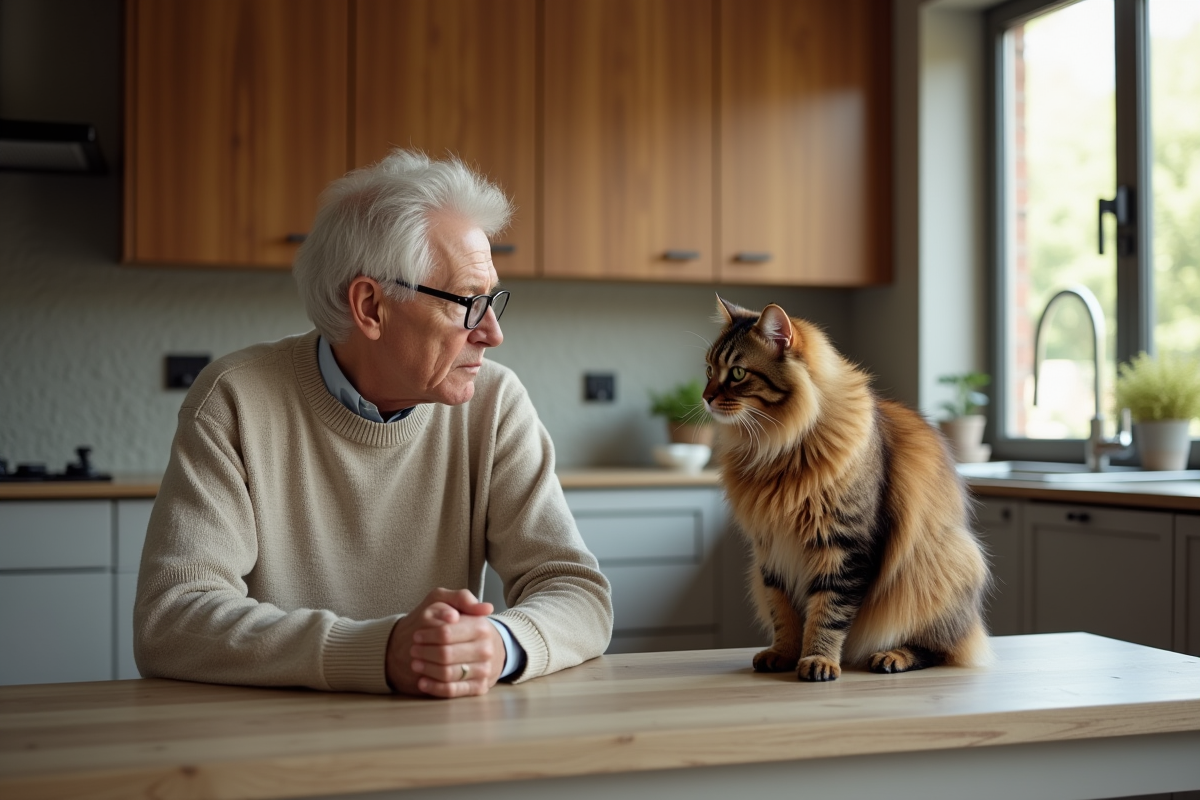Homme âgé avec son chat calico dans une cuisine moderne