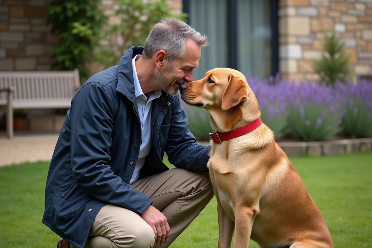 Homme et son labrador brun partageant un moment de complicité émouvante dans un jardin de maison individuelle en France