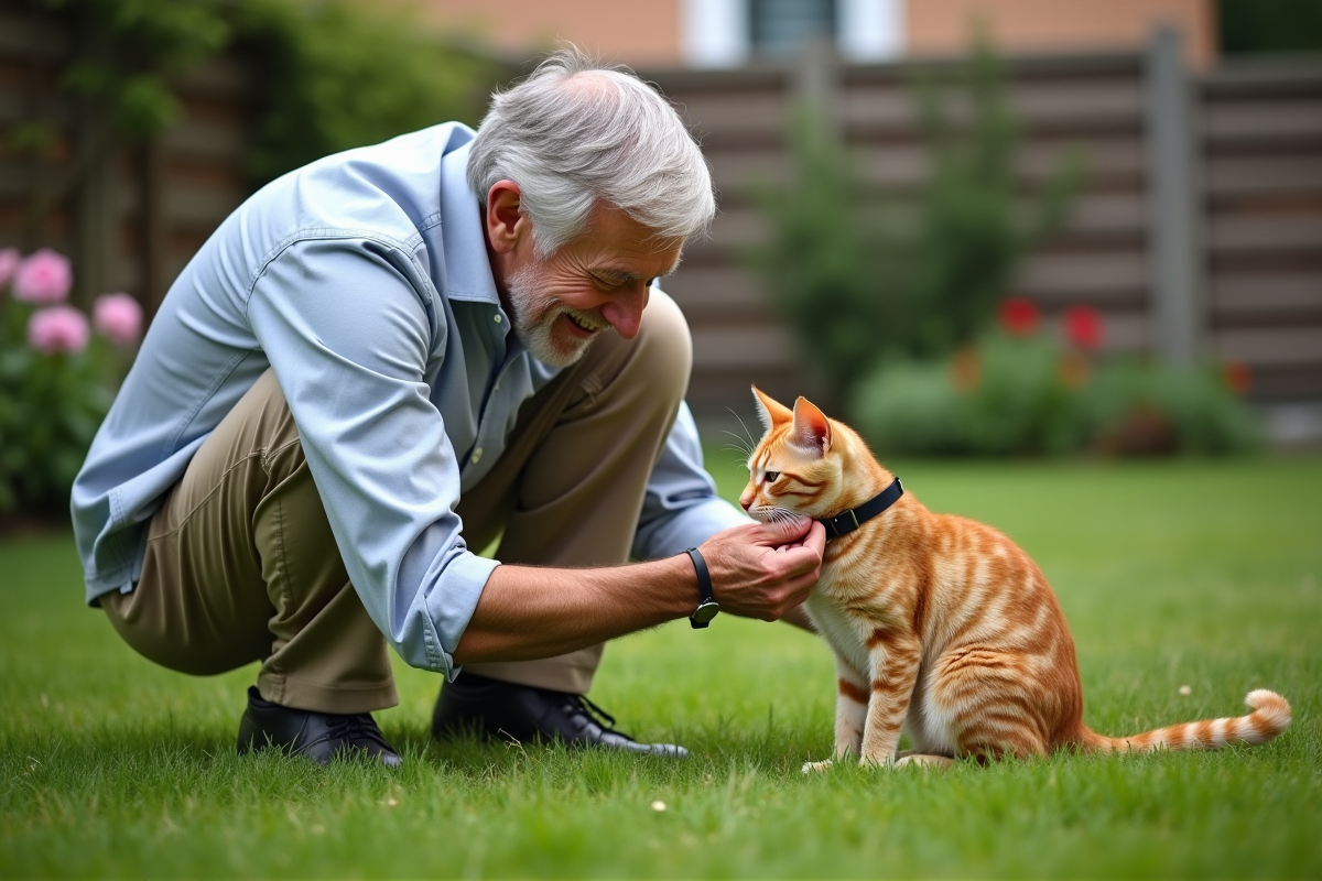 Homme âgé posant un collier à son chat dans le jardin