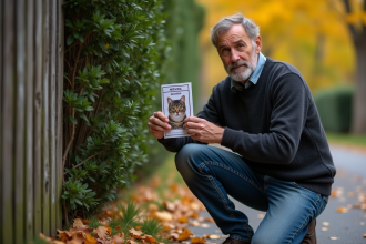 Homme en jeans cherche un chat perdu dans un jardin
