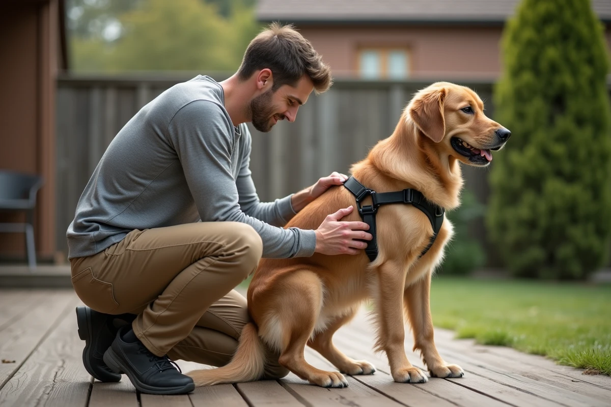 Homme ajustant un harnais pour chien sur un golden retriever dans un jardin en bois