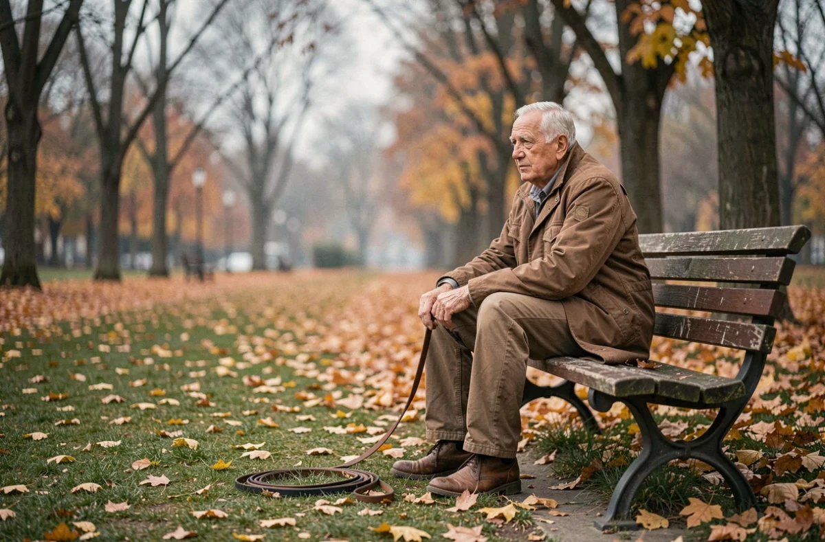Vieil homme assis seul sur un banc de parc en automne avec une laisse vide à côté de lui, symbolisant le deuil après la perte d'un chien