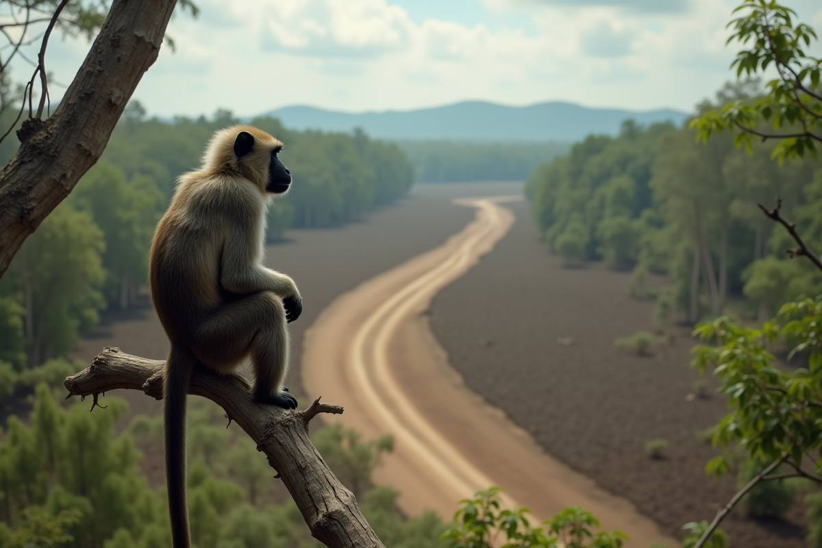 Singe hurleur isolé sur branche dans un paysage dévasté