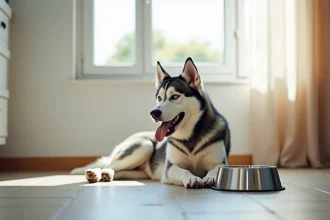 Husky sibérien allongé sur un carrelage frais à l'intérieur d'une maison, haletant par forte chaleur avec un bol d'eau à proximité
