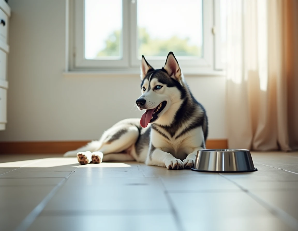 Husky sibérien allongé sur un carrelage frais à l'intérieur d'une maison, haletant par forte chaleur avec un bol d'eau à proximité