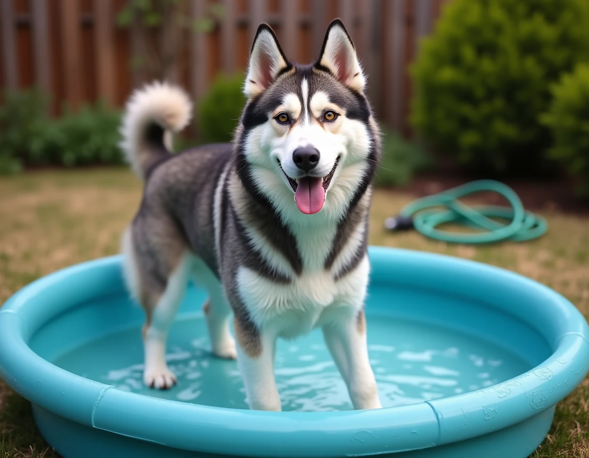 Husky sibérien se rafraîchissant dans une piscine portable pour chiens dans un jardin par temps chaud