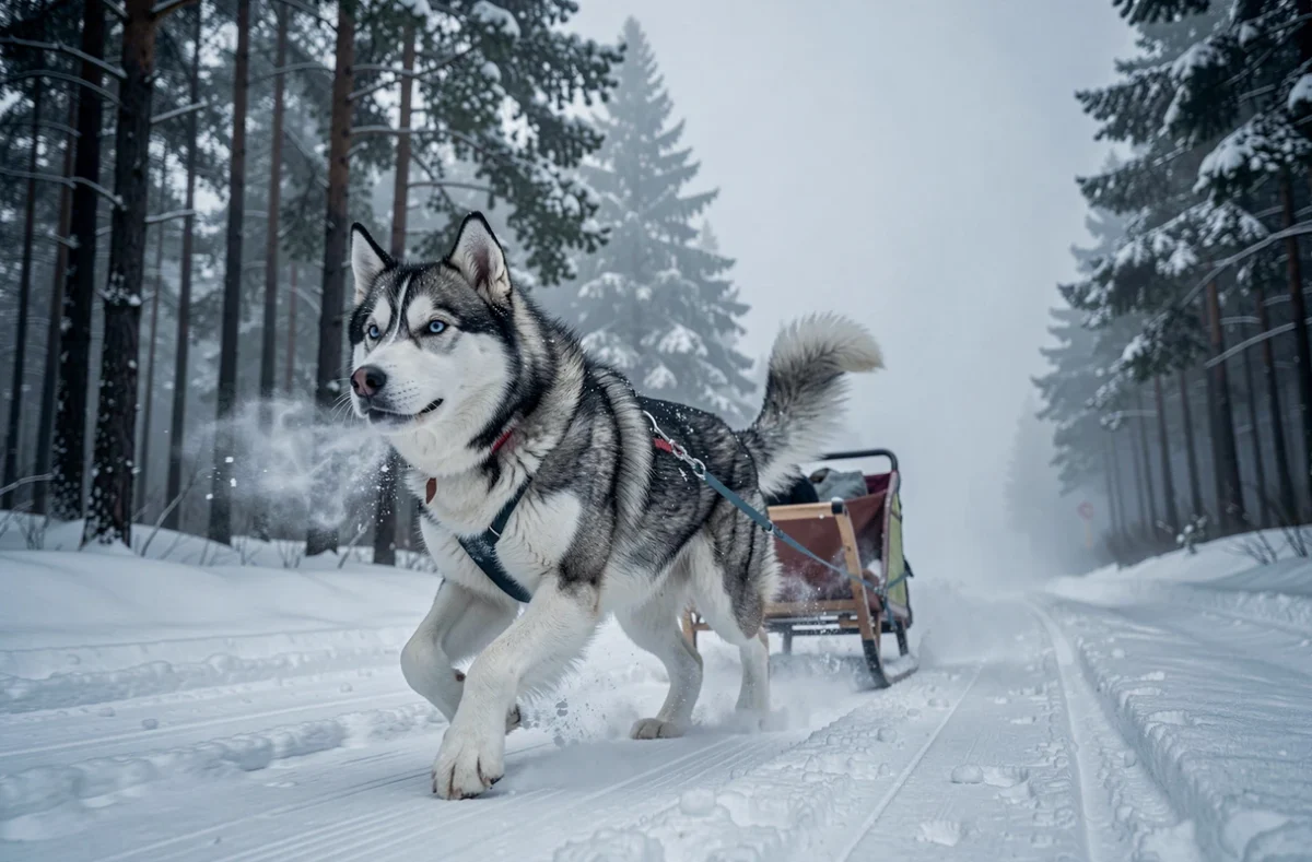 Husky de sport en action dans la neige portant un harnais de traîneau, illustration pour comparatif mutuelle chien de sport