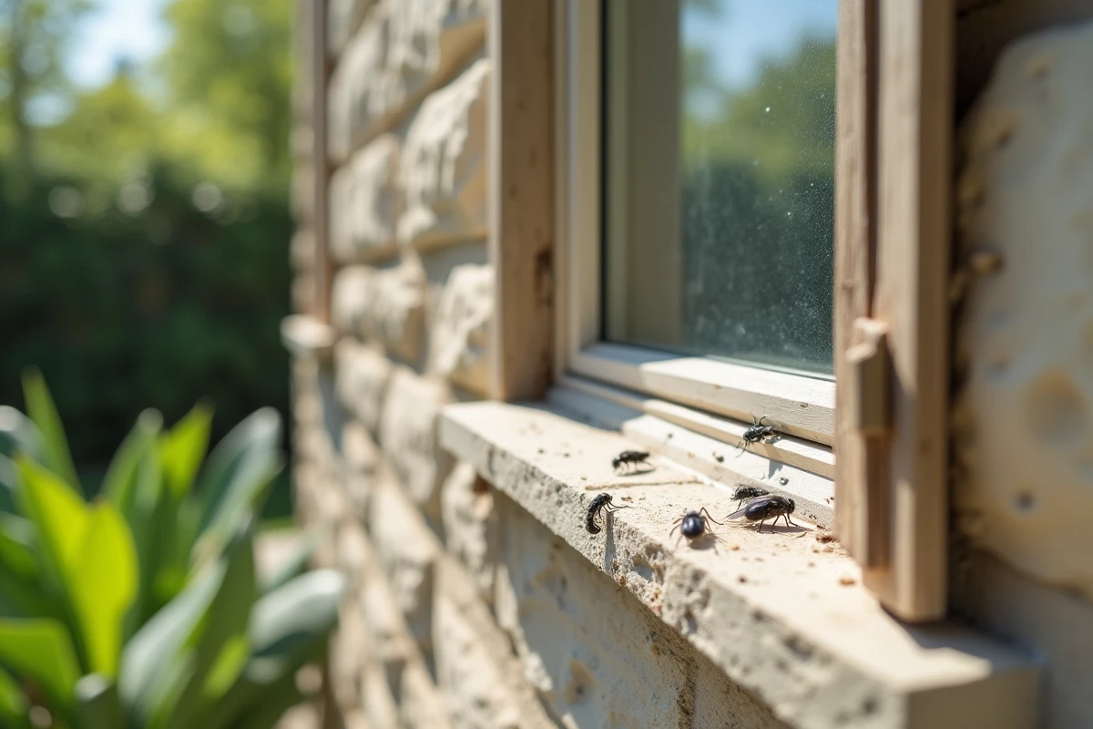 Insectes noirs volants sur la vitre extérieure d'une fenêtre de maison en pierre
