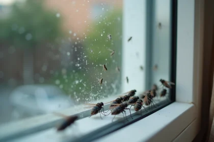 Gros plan de petits insectes noirs volants agglutinés sur le bord d'une fenêtre intérieure