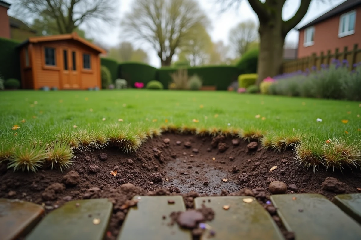 Jardin résidentiel endommagé par des sangliers avec sol retourné et traces de sabots